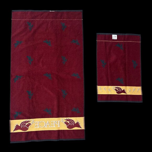 Vintage Christmas Bath Towel Hand Towel Set 1990s Santens USA Peace Dove Cotton - Picture 4 of 8